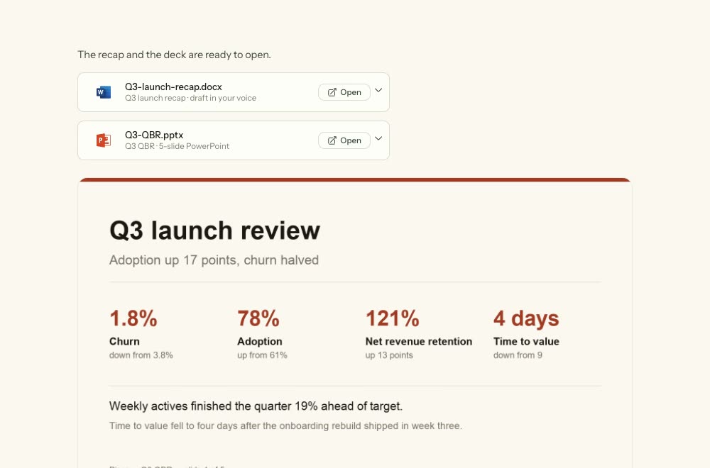File cards for Q3-launch-recap.docx and Q3-QBR.pptx, above a preview of the deck's first slide